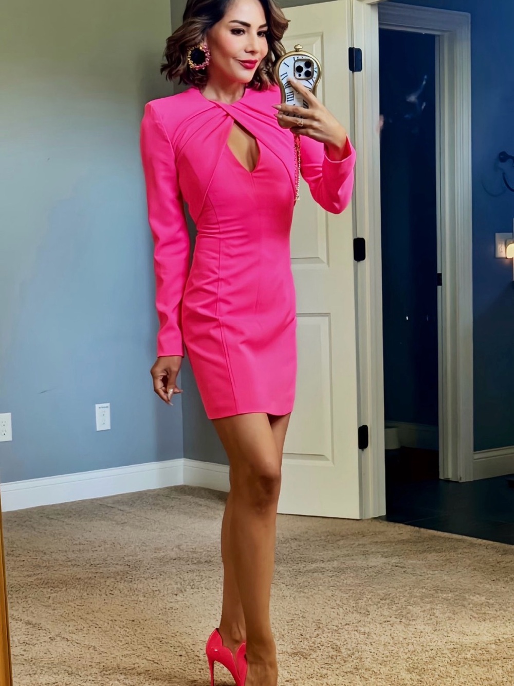 Women's Hot Pink Long Sleeve Twist-Neck Bodycon Dress